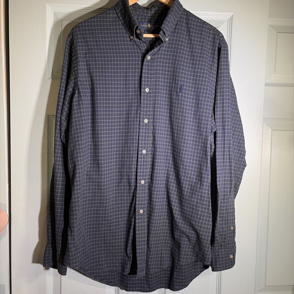 Ralph Lauren Blue Plaid Classic Fit Long Sleeve Button Down Flannel Shirt Sz L